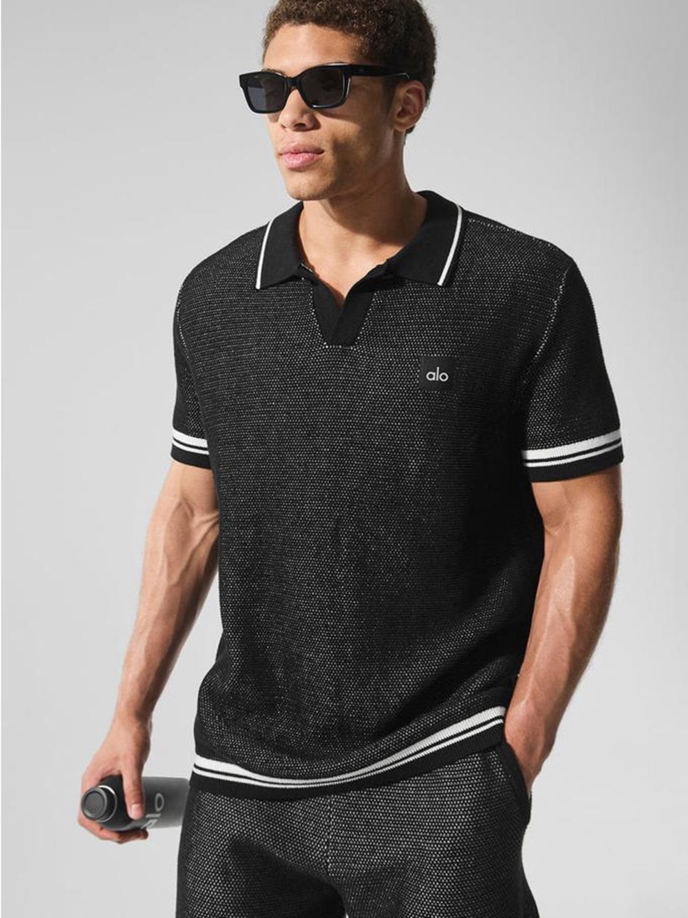 NWT!!! ALO Yoga Men’s Black Knit Polo with White Stripe Trim